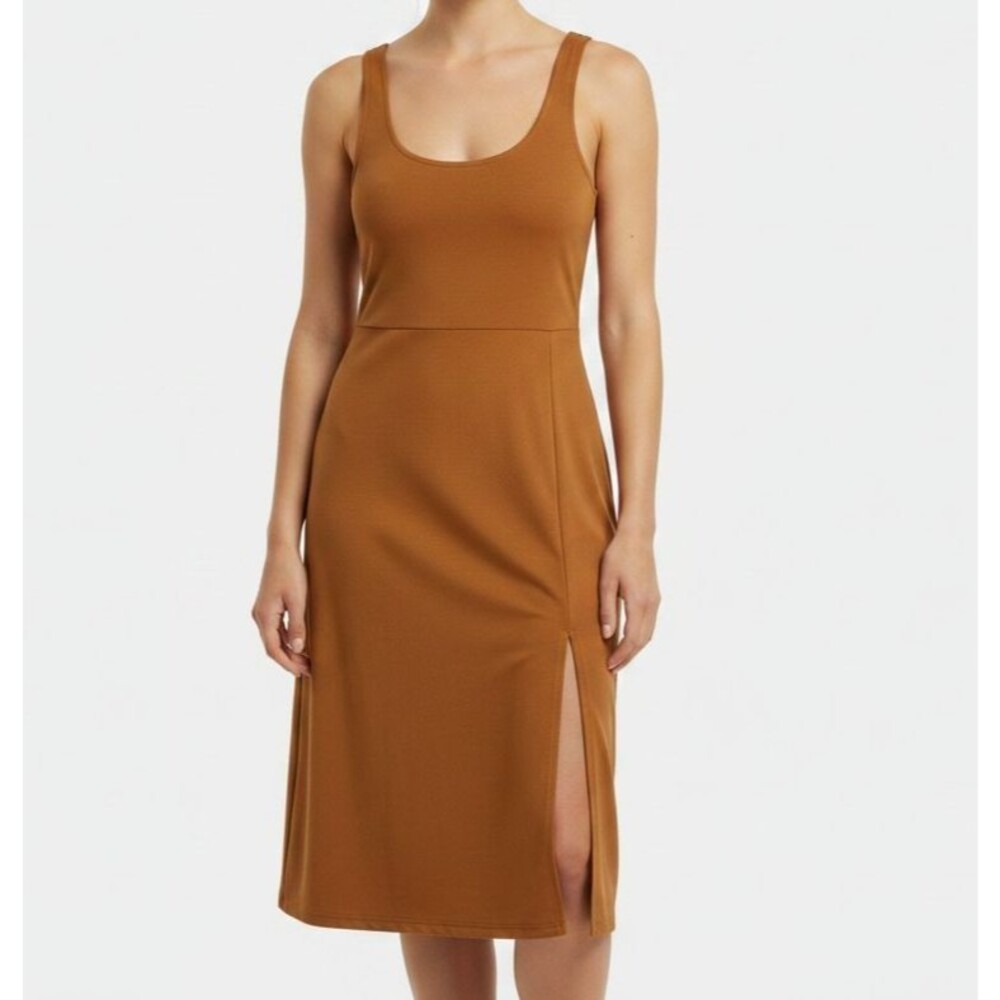 Leith NEW Bodycon Midi Dress Women Small Scoop Neck Sleeveless Tank Pumpkin Slit